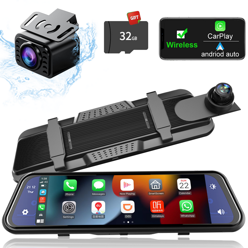 Mirror Dash Cam Wireless CarPlay & Wireless Android Auto, Dash Cam