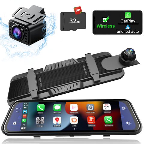 Mirror Dash Cam Wireless CarPlay & Wireless Android Auto, Dash Cam Front and Rear Backup Camera Rear View Mirror for Cars & Trucks, Night Vision, Parking Assistance, Dual Cameras Smart Screen+32G Card