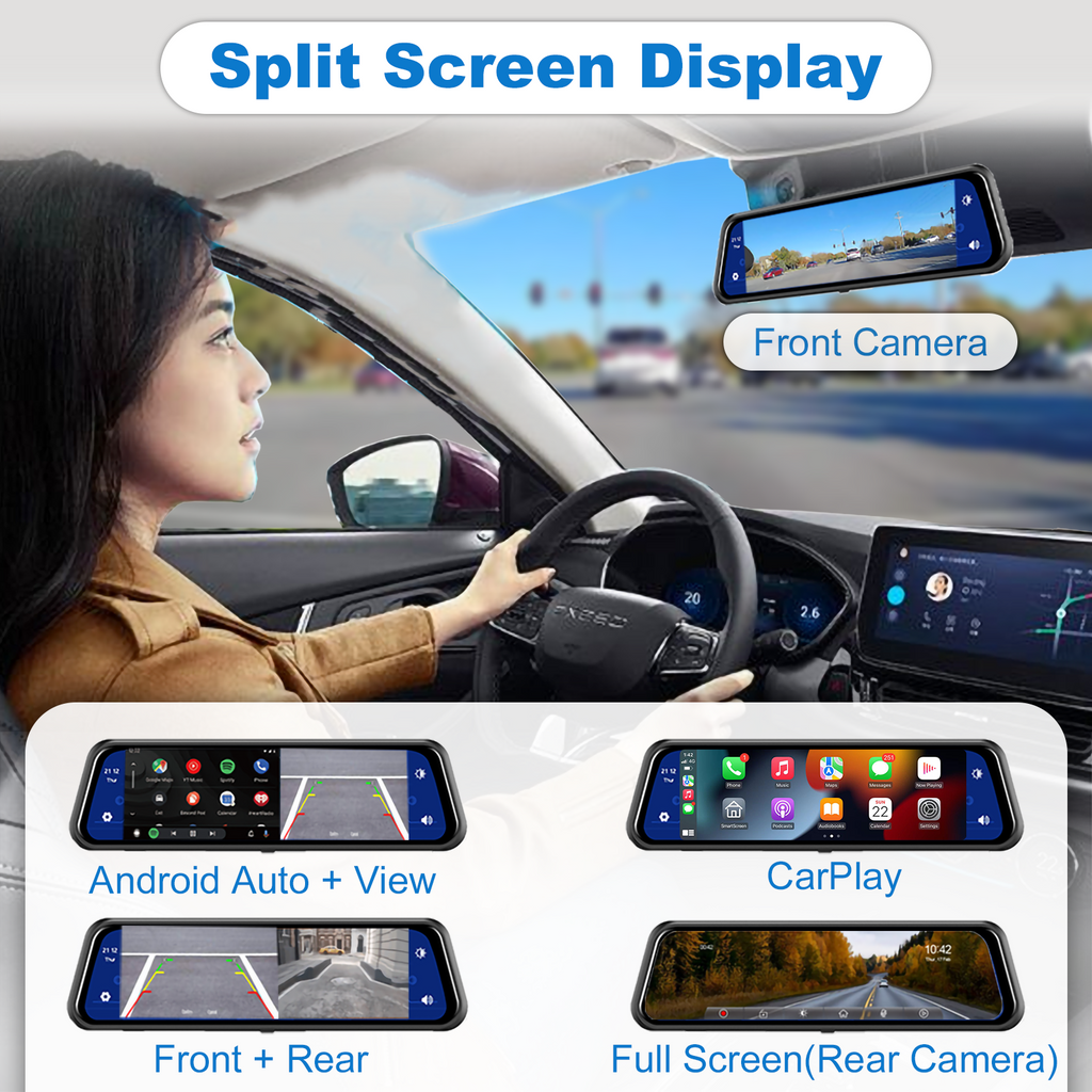 Mirror Dash Cam Wireless CarPlay & Wireless Android Auto, Dash Cam