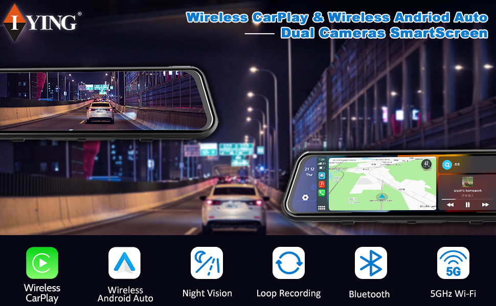 Mirror Dash Cam Wireless CarPlay & Wireless Android Auto, Dash Cam Front  and Rear Backup Camera Rear View Mirror for Cars & Trucks, Night Vision